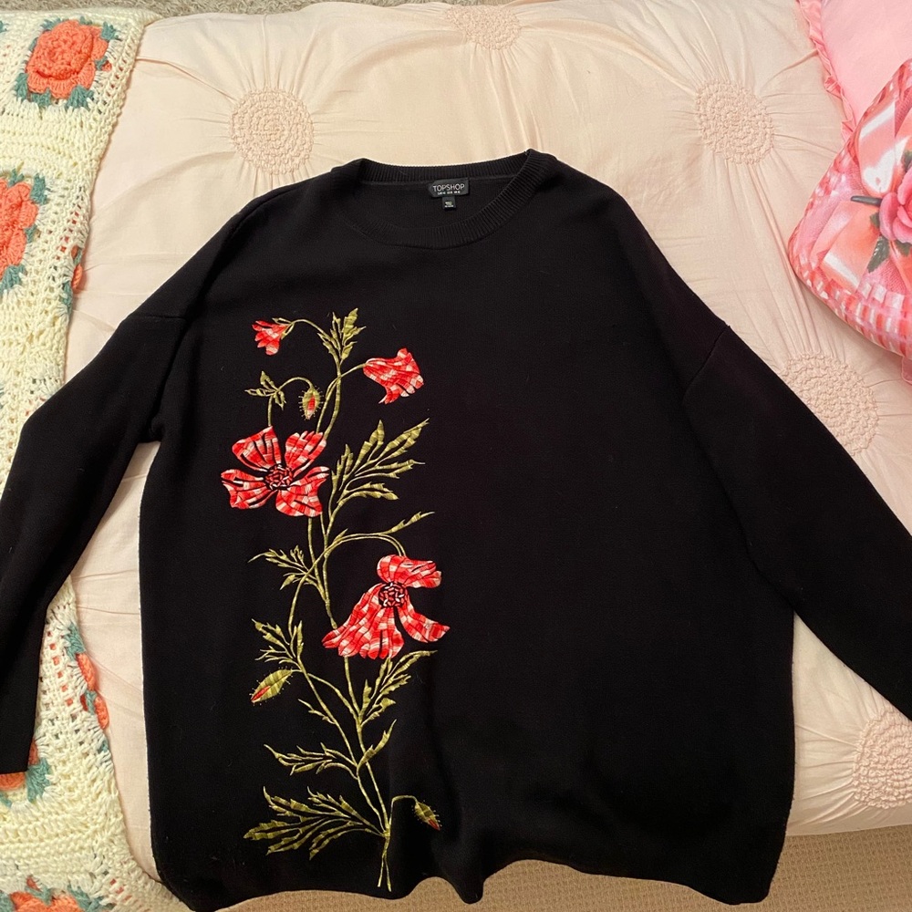 Floral Embroidered Black Sweater